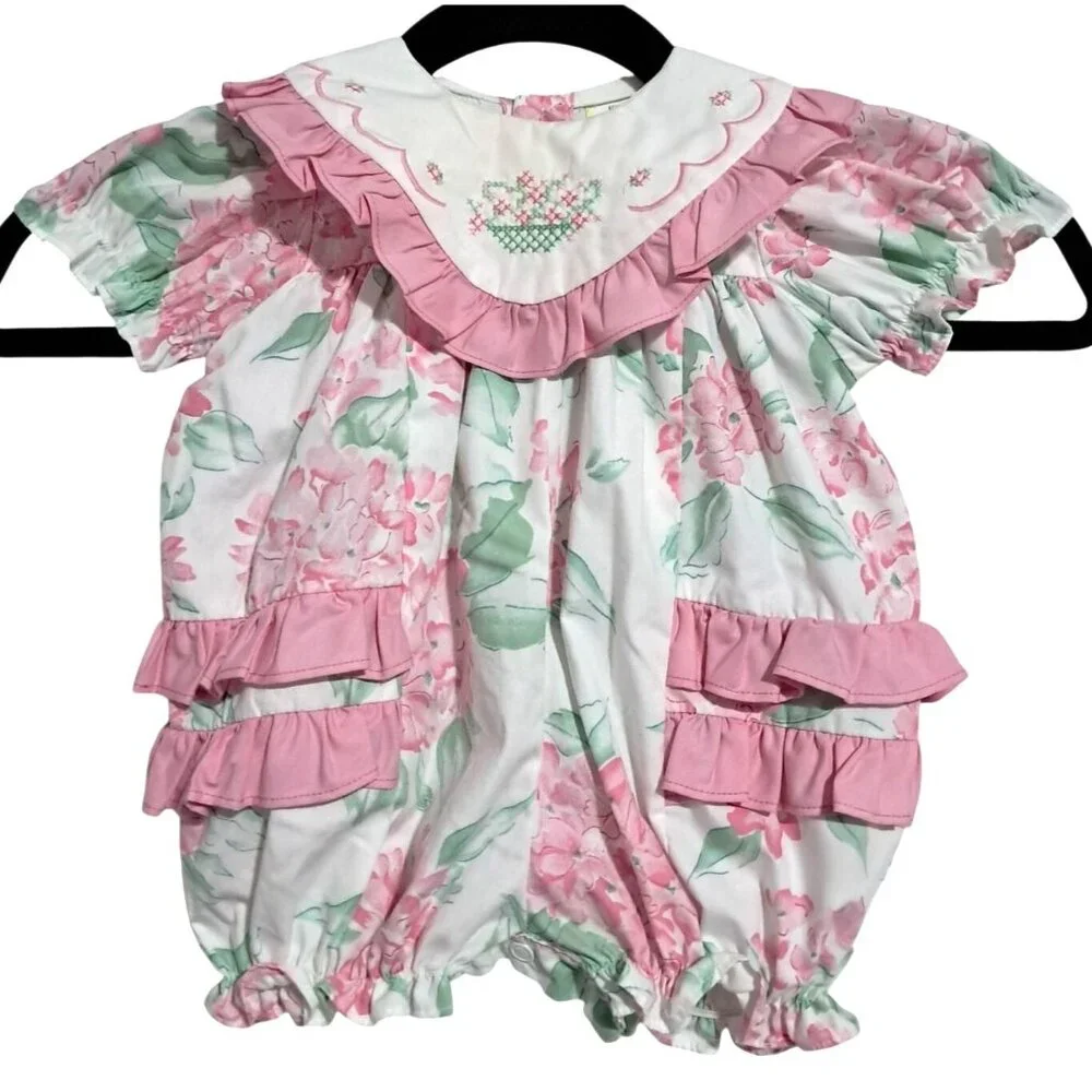 Vintage Baby Togs Embroidered Floral‎ Romper 3-6 Months Pink & White Ruffle